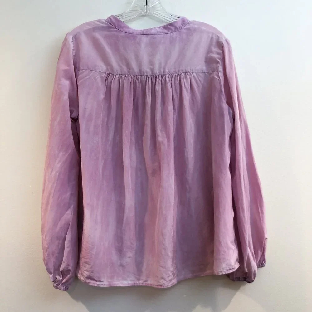 Raquel Allegra Silk Blend Pink Tie Dye Button Down V Neck Long Sleeve Blouse S - Picture 13 of 13